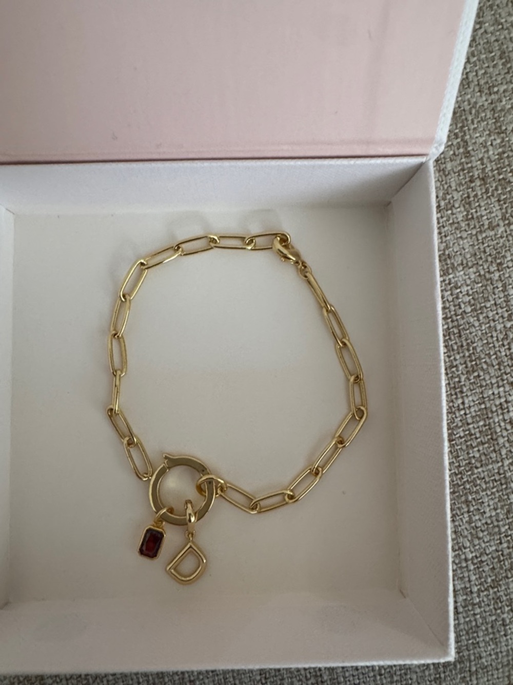 Brook & York paper clip Collette bracelet with D initial and January birthstone
